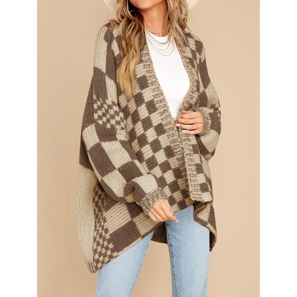 Women's Oversized Checkered Knit Cardigan Color Block Plaid Long Sleeve - Picture 4 of 5